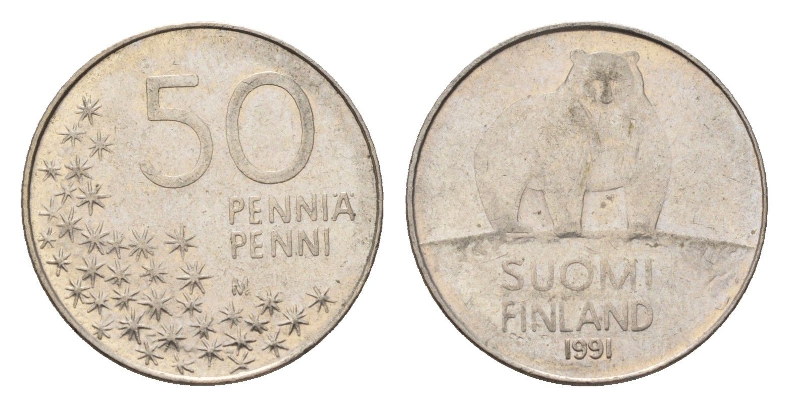 Финляндия 50 пенни 1991 M, полярный медведь KM 66 медно-никель 4702-442
