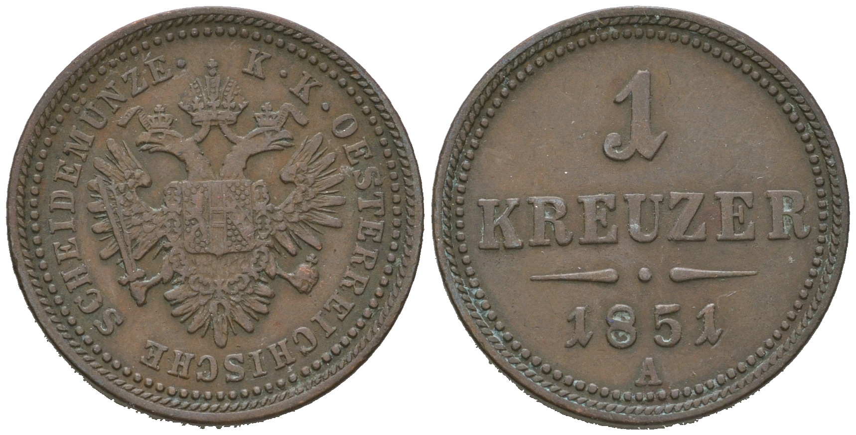 Австрия 1 крейцер 1851 A, Франц Иосиф I (1848-1916) KM 2185 медь 4641-645