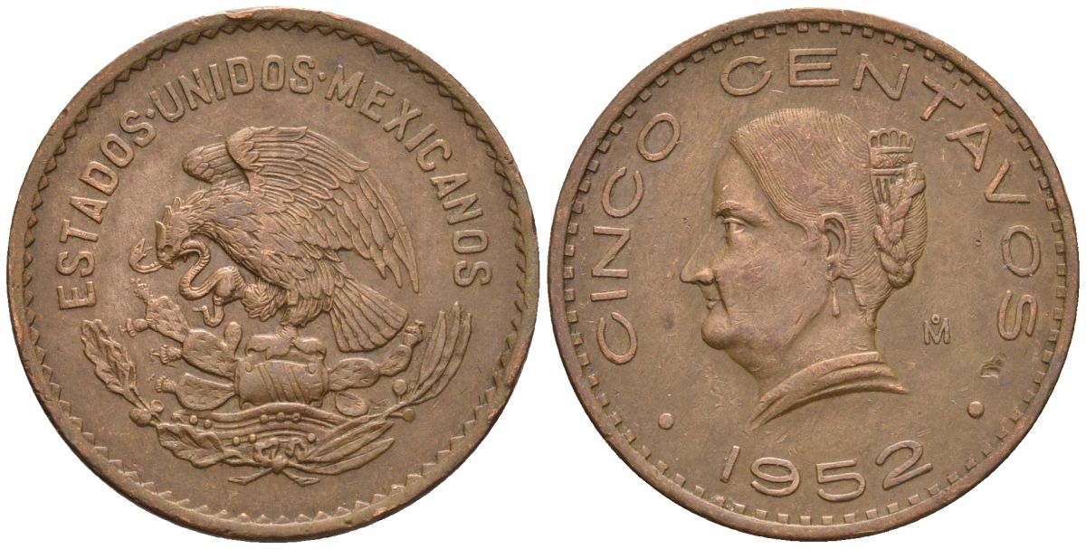 Мексика 5 сентаво 1952 KM 424, Schoen 38 бронза 4118-111
