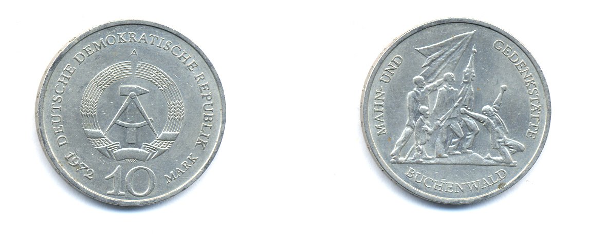 ГДР 10 марок 1972 A, мемориал Бухенвальда KM 38, J. 1539 медно-никель 3333-245