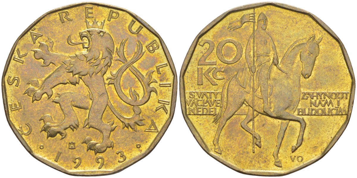 Чехия 20 крон 1993 чешский лев, герцог Вацлав на коне KM 5 сталь плакированная латунью 4529-936