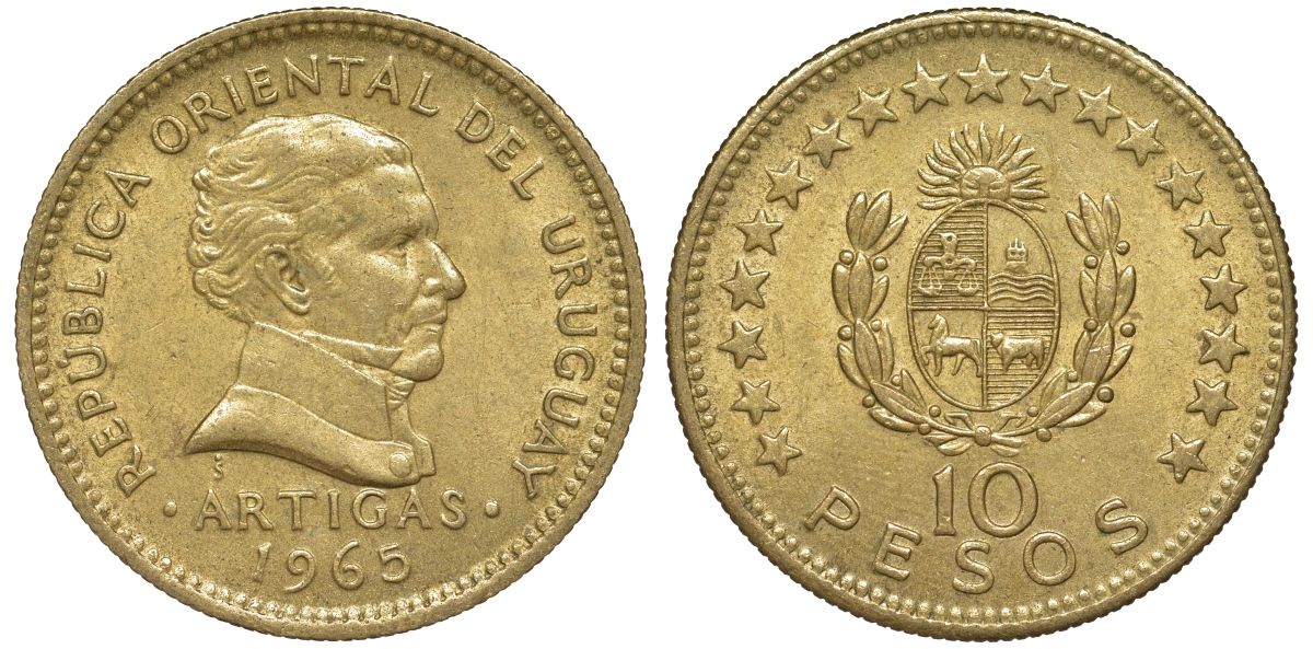 Уругвай 10 песо 1965 KM 48 алюминиевая бронза 4574-633