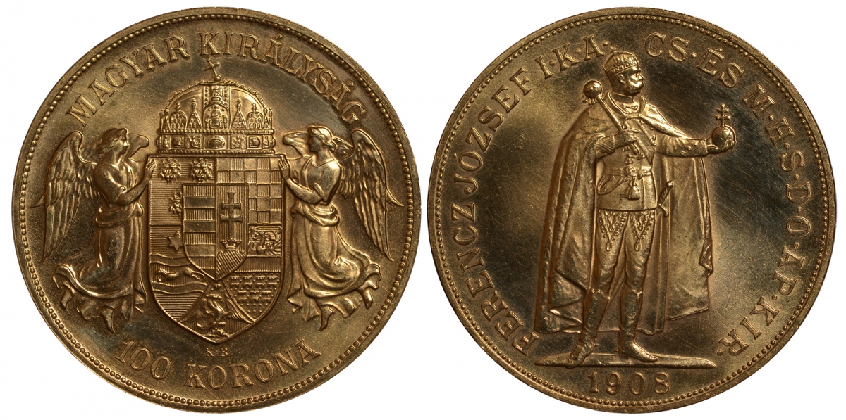 Венгрия 100 корон 1908 U.P, Император Франц Иосиф I (1848-1916), рестрайк KM 491 золото UNC 00-000-00