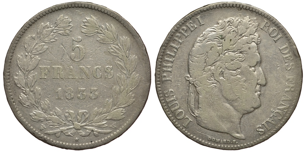 Франция 5 франков 1833 W, Луи Филипп I (1830-1848) KM 749.13 серебро 3896-944
