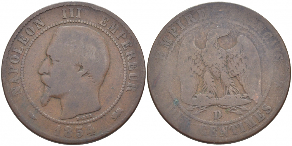 ФРАНЦИЯ 10 САНТИМОВ 1854 D, НАПОЛЕОН III (1852-1870) KM 771.4 бронза 114-1246