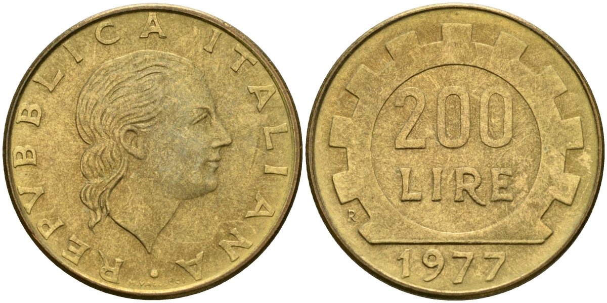 Италия 200 лир 1977 R, шестерня KM 105 алюминиевая бронза 4171-934