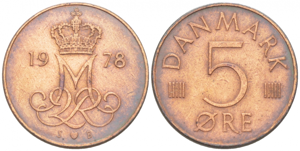 ДАНИЯ 5 ЭРЕ 1978 S; B, МАРГРЕТЕ II (1972-) KM 859.1 железо плакированное медью 3309-126