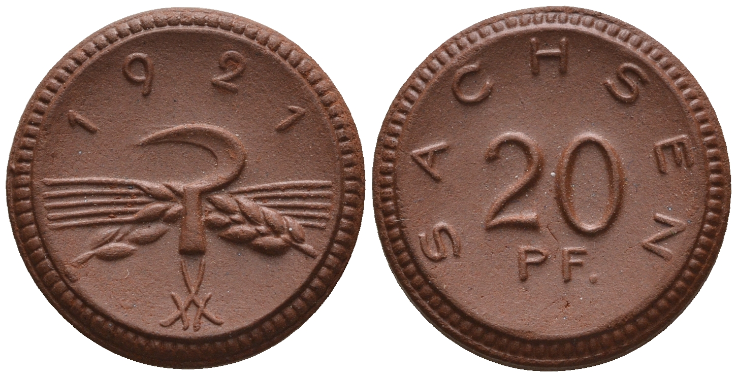 Саксония 20 пфеннигов 1921 колосья и серп J. N 53 фарфор UNC 1094-8-25