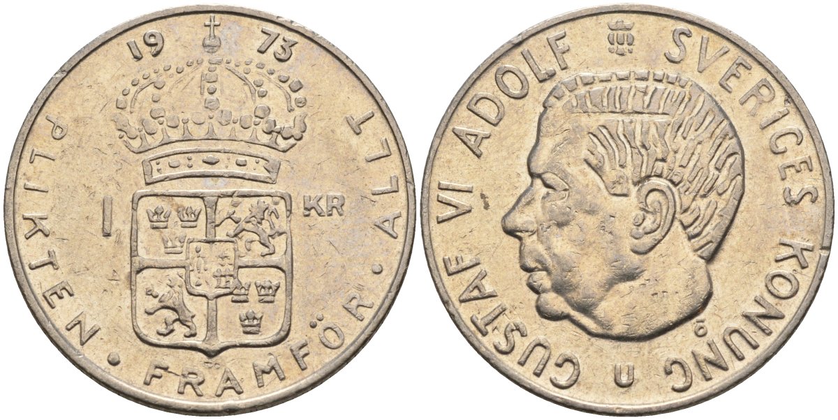 Швеция 1 крона 1973 U, Густав VI Адольф (1950-1973) KM 826a медь плакированный медно-никелем 4150-354
