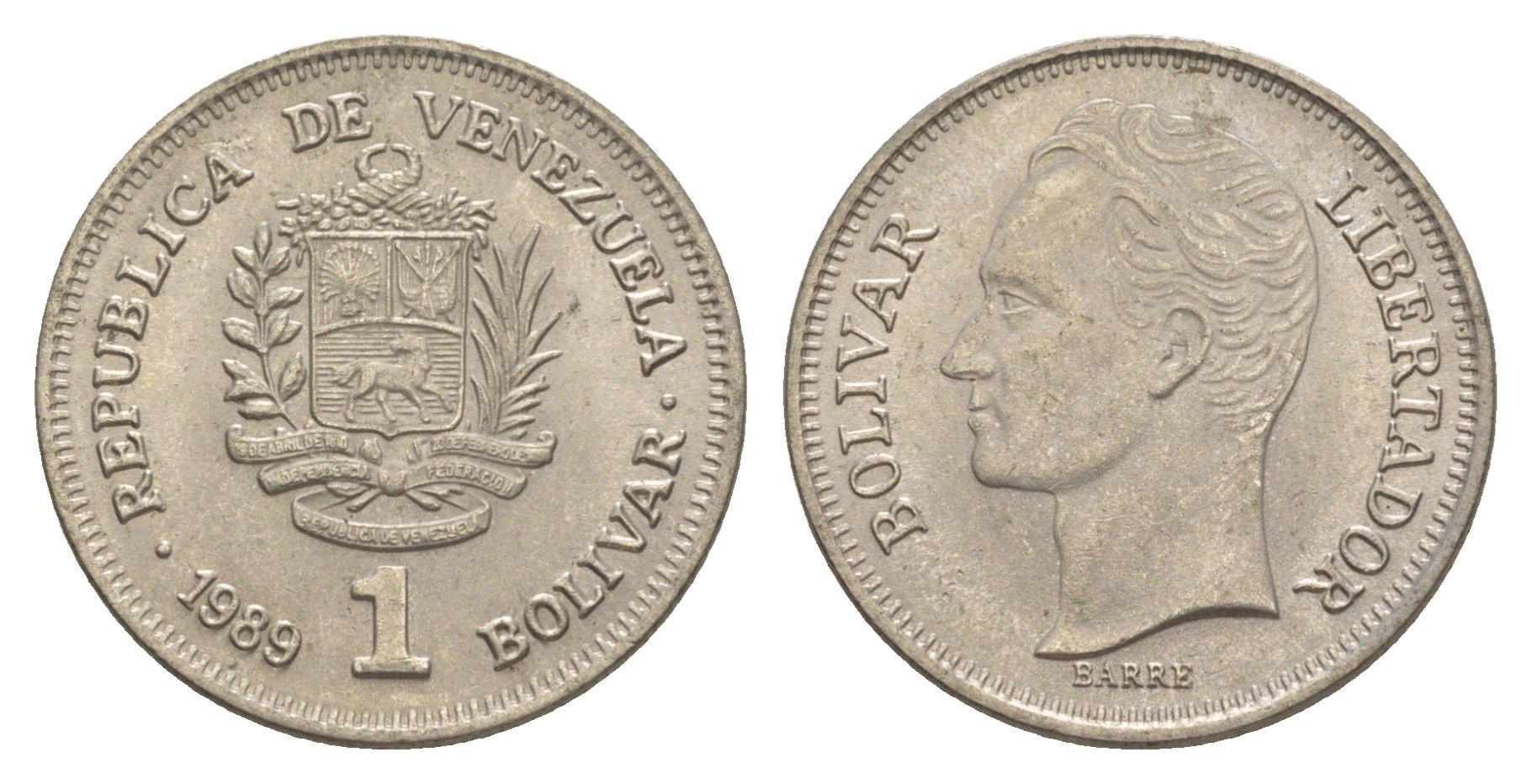Венесуэла 1 боливар 1989 Симон Боливар, тонкий шрифт Y 52a.1 сталь плакированная никелем 4589-625