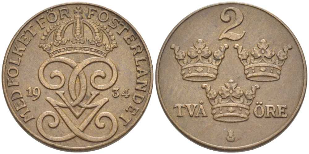 Швеция 2 эре 1934 Густав V (1907-1950) KM 778 бронза 119-1026