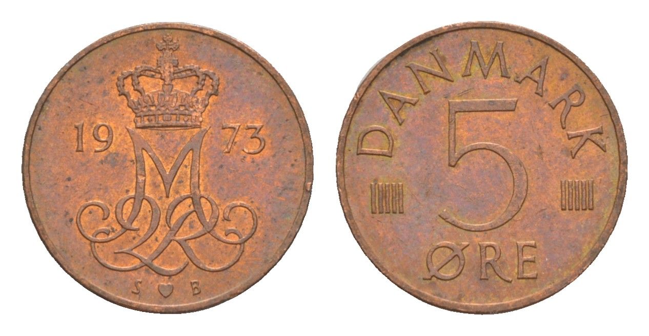 Дания 5 эре 1973 S, Маргрете II (1972-2024) KM 859 железо плакированная медью 4639-812