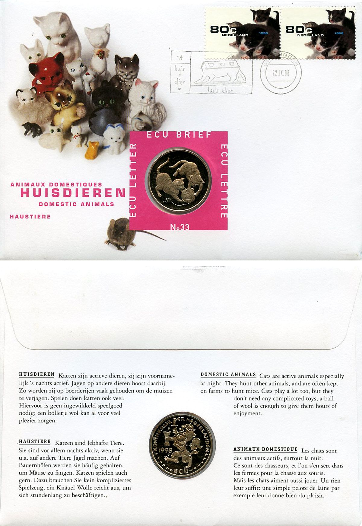 Нидерланды 1 экю 1998 Домашние питомцы, в оригинальном конверте, с марками, первый день гашения X 233 медно-никель BU 4-3-8-41