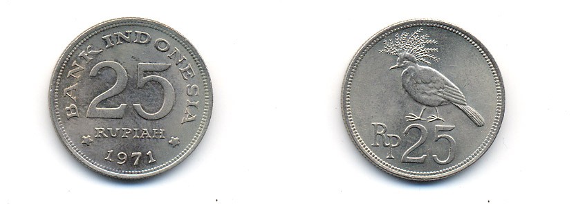 Индонезия 25 рупий 1971 венценосный голубь KM 34 медно-никель UNC 23-1431