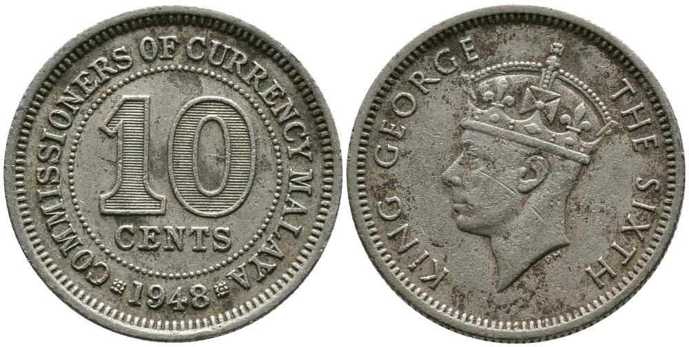Британская Малайя 10 центов 1948 Георг VI (1937-1952) KM 8 медно-никель 4549-629