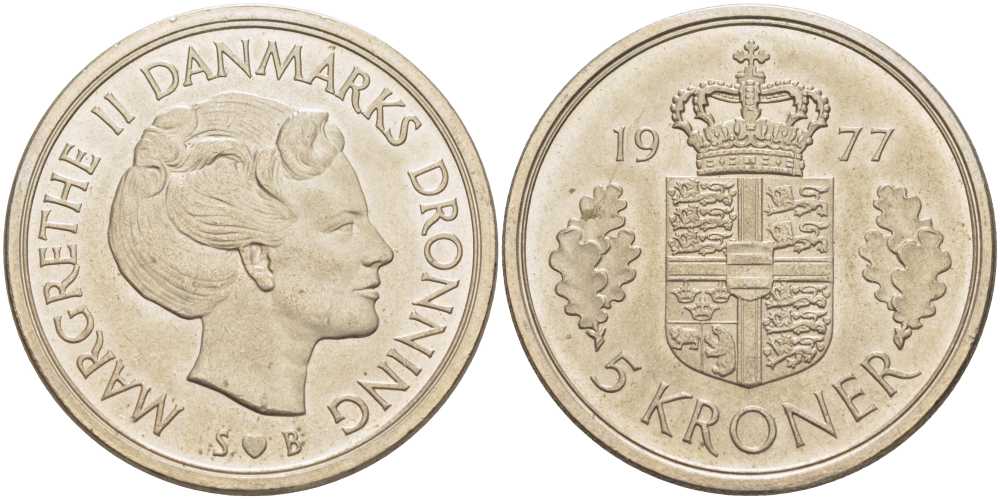 ДАНИЯ 5 КРОН 1977 S; B, МАРГРЕТЕ II (1972-) KM 863.1 медно-никель 38-516