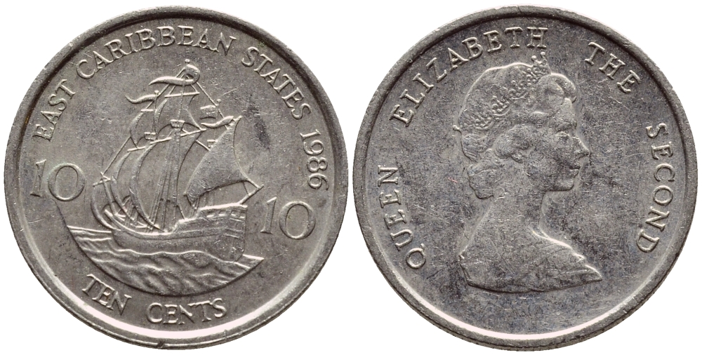 Восточно-Карибские штаты 10 центов 1986 Елизавета II (1952-2022), парусник KM 13 медно-никель 4396-614