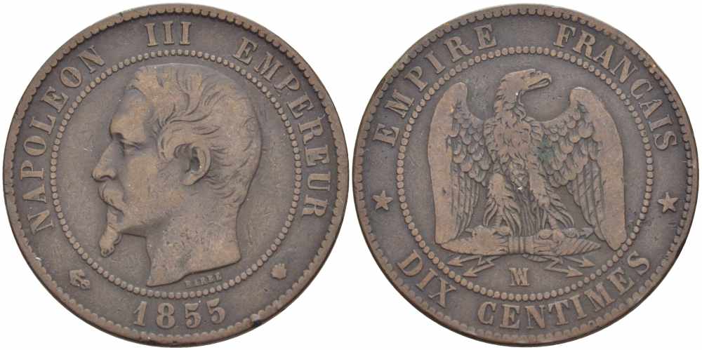 Франция 10 сантимов 1855 MA, Наполеон III (1852-1870) KM 771.6, Le Franc 133.29 бронза    4680-541