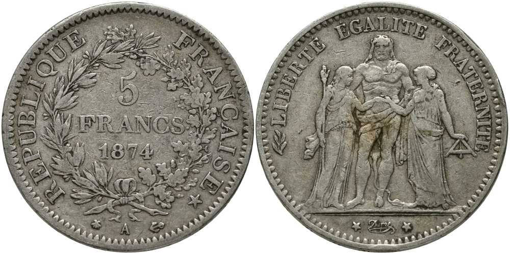 Франция 5 франков 1874 А, Геракл с богинями равенства и братства KM 820.1 серебро 633-1143
