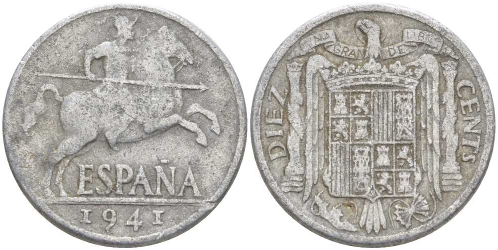 ИСПАНИЯ 10 СЕНТИМО 1941 РЫЦАРЬ НА КОНЕ KM 766 алюминий 213-115