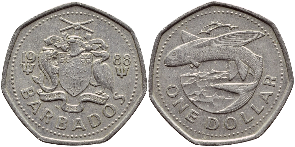 Барбадос 1 доллар 1988 летучая рыба KM 14.2 медно-никель 4398-251
