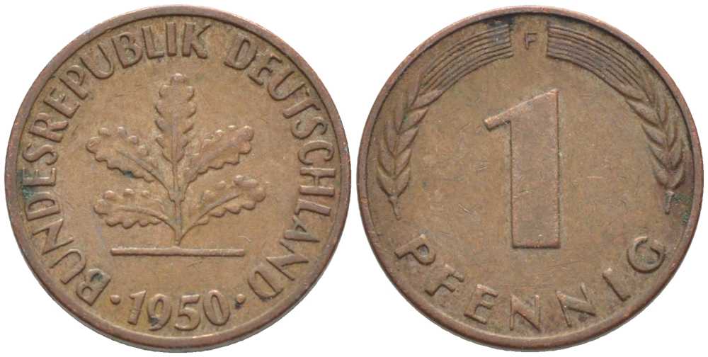 ФРГ 1 ПФЕННИГ 1950 F KM 105, J. 380 сталь плакированная медью 116-351