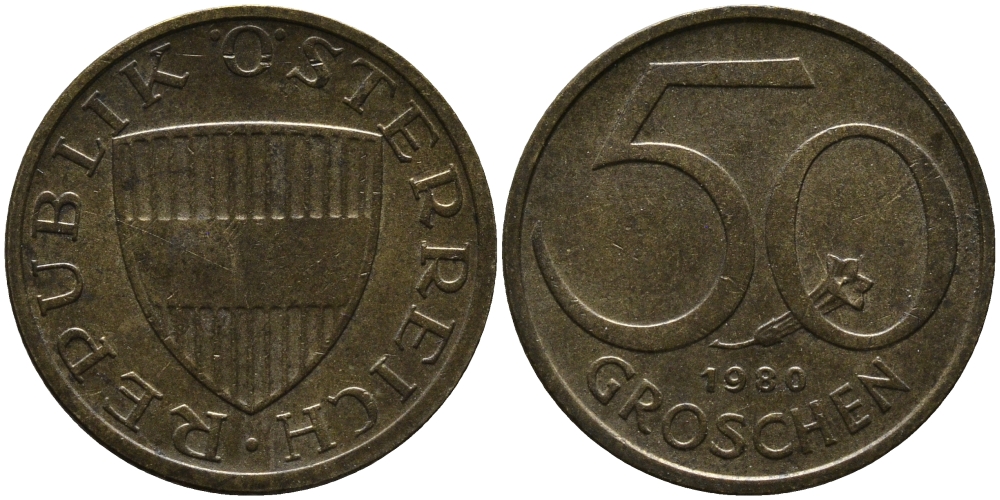 АВСТРИЯ 50 ГРОШЕЙ 1980 KM 2885 алюминиевая бронза 33-414