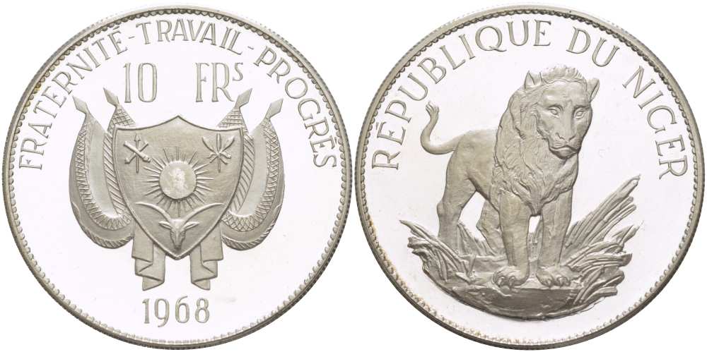 Нигер 10 франков 1968 лев, с чертой над Е, в слове Republique, тираж 1000 экземпляров KM 8.1 серебро PROOF 1080-8-24