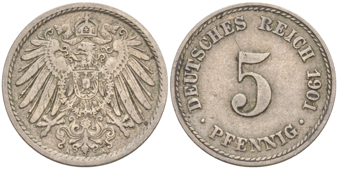 ГЕРМАНИЯ 5 ПФЕННИГОВ 1901 A, KM 11, J. 12 медно-никель 73-244