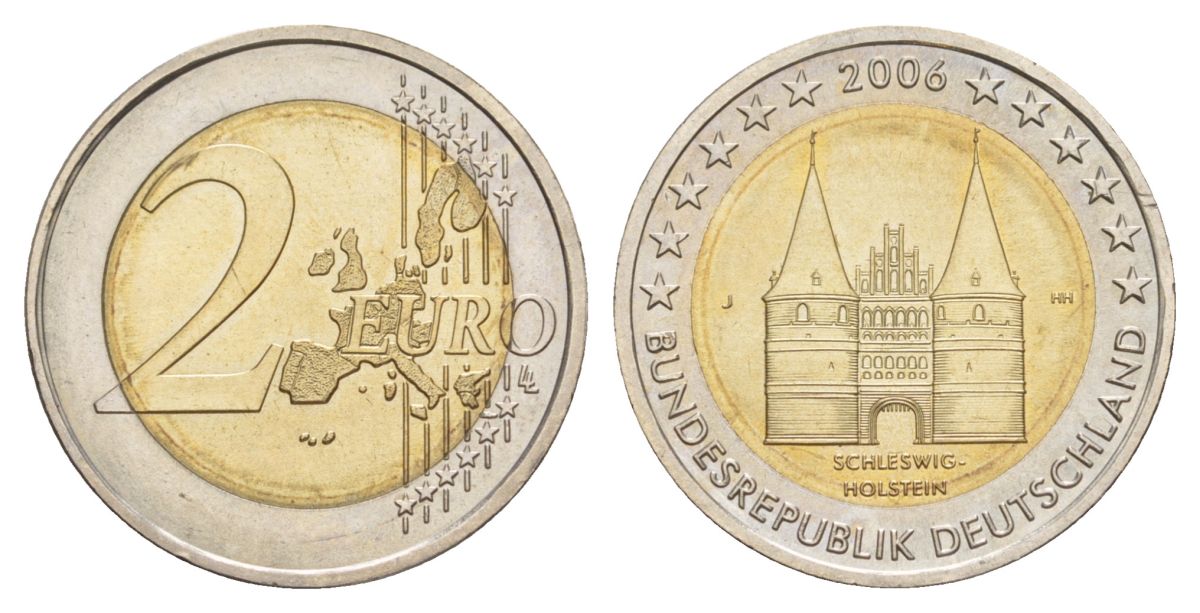 Германия 2 евро 2006 D, Федеральные земли Германии - Голштинские ворота в Любеке, Шлезвиг-Гольштейн KM 653 биметалл UNC 4633-1044