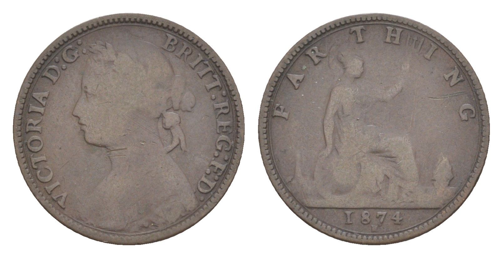 Великобритания 1 фартинг 1874 H, Виктория (1837-1901) KM 753, Spink 3959 бронза 4630-151