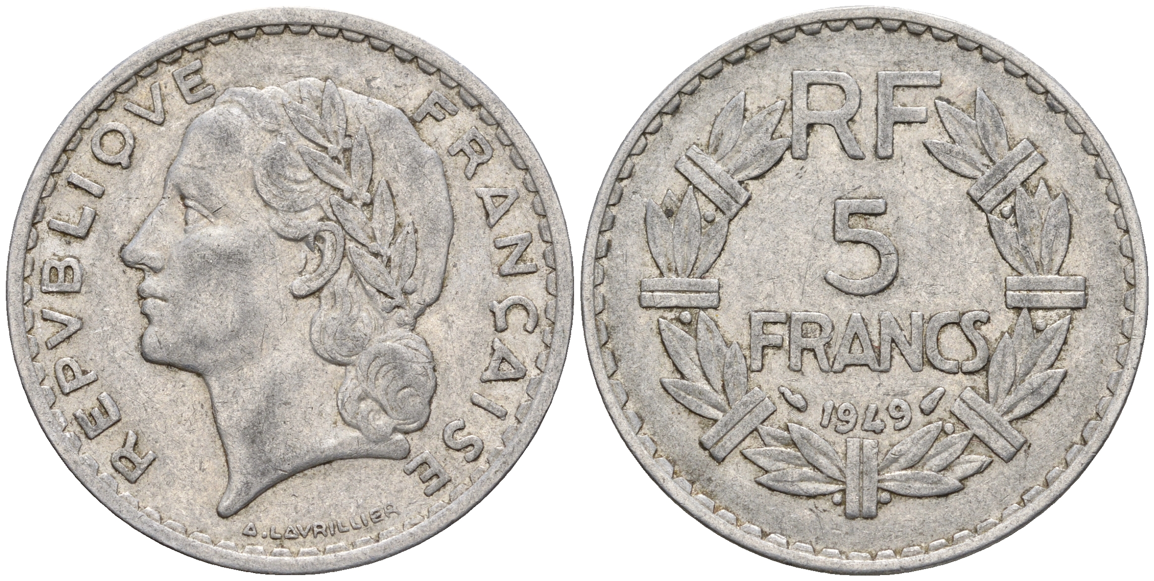 Франция 5 франков 1949 тип Лаврийе KM 888b.1, Le Franc 339.17 алюминий 221-416