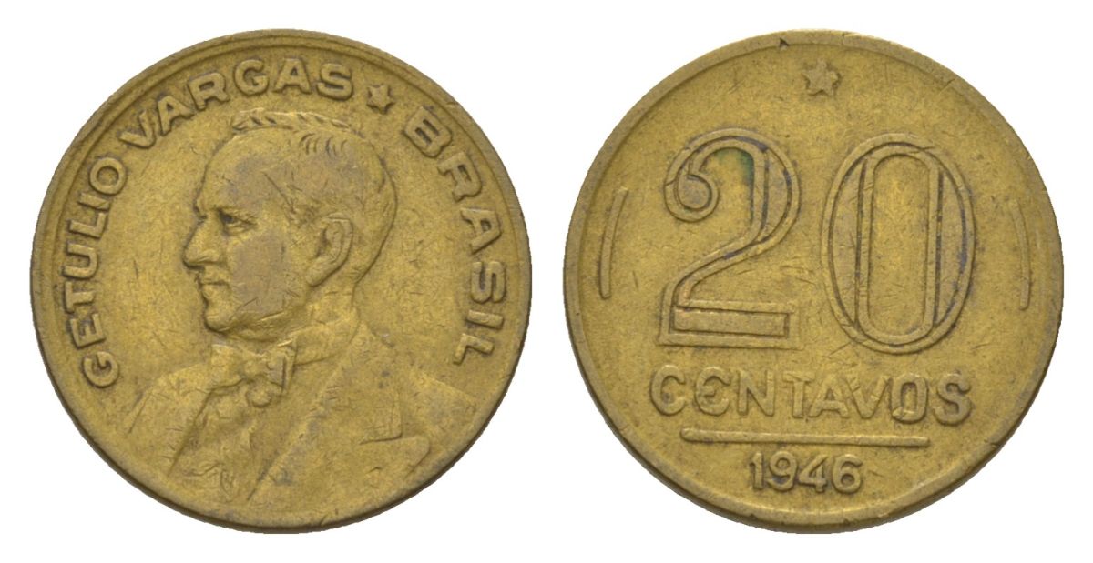 Бразилия 20 сентаво 1946 Жетулиу Варгас KM 556a алюминиевая бронза 4625-945