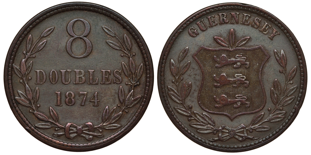 Гернси 8 даблов (дублей) 1874 KM 7 бронза 650-1032