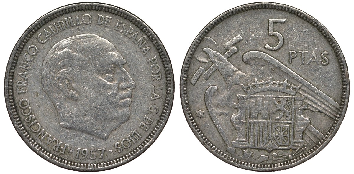 Испания 5 песет 1957 (65) Франсиско Франко (1939-1975) KM 786 медно-никель 4128-1234