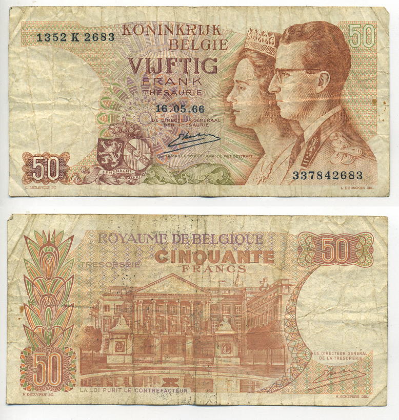 БЕЛЬГИЯ 50 ФРАНКОВ 1966 16 МАЯ 1966, ПОДПИСЬ 20, КОРОЛЬ БОДУЭН И КОРОЛЕВА ФАБИОЛА Pick 139 бумага 6293-25-3-1