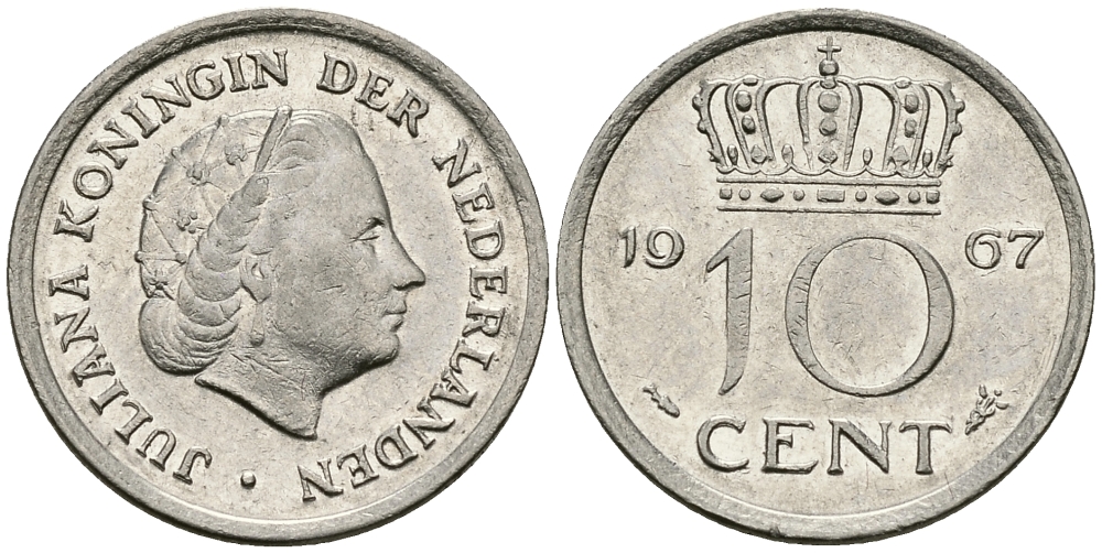НИДЕРЛАНДЫ 10 ЦЕНТОВ 1967 ЮЛИАНА KM 182 никель 96-463