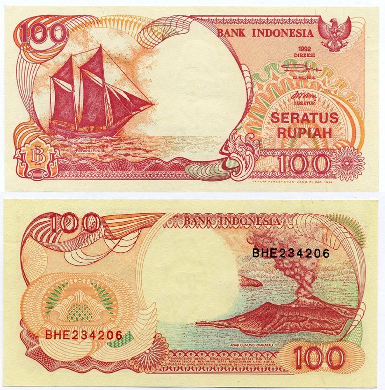 ИНДОНЕЗИЯ 100 РУПИЙ 1992/1999 ПАРУСНИК PINISI, ВУЛКАН ANAK KRAKATAU Pick 127g бумага UNC (ПРЕСС) 6317-1-1-1