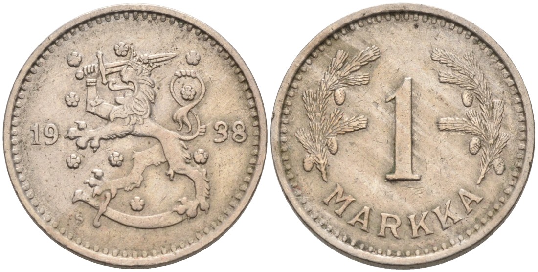 ФИНЛЯНДИЯ 1 МАРКА 1938 S KM 30 медно-никель 4563-641