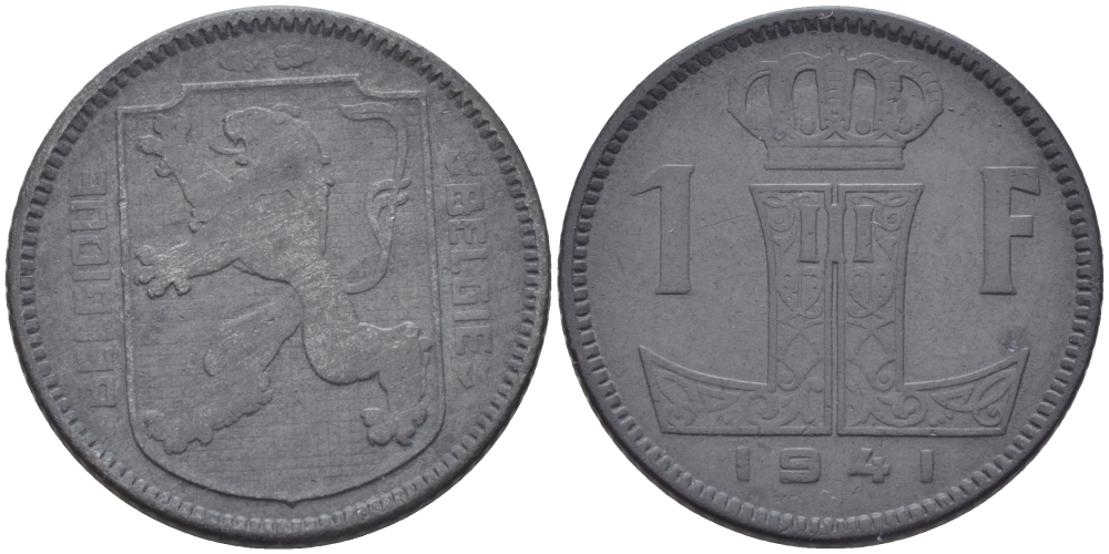 БЕЛЬГИЯ 1 ФРАНК 1941 BELGIQUE-BELGIE, ГЕРМАНСКАЯ ОККУПАЦИЯ KM 127 цинк 31-1233