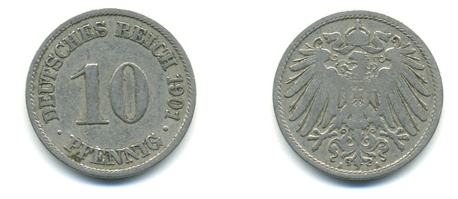 ГЕРМАНИЯ 10 ПФЕННИГОВ 1901 A KM 12, J. 13 медно-никель 4379-833