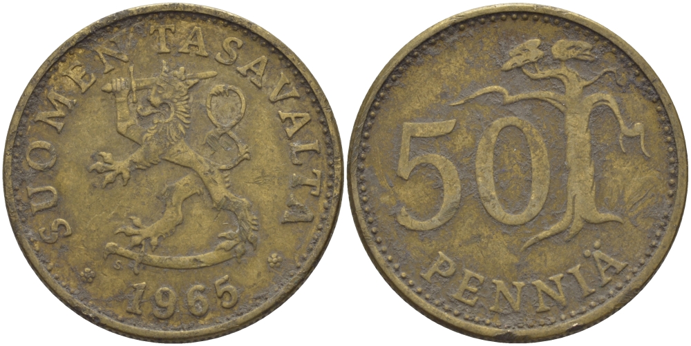 ФИНЛЯНДИЯ 50 ПЕННИ 1965 S KM 48 алюминиевая бронза 28-136