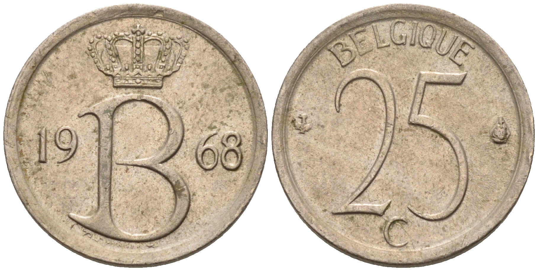 Бельгия 25 сантимов 1968 Belgique, Бодуэн I (1951-1993) KM 153.1 медно-никель 4594-555