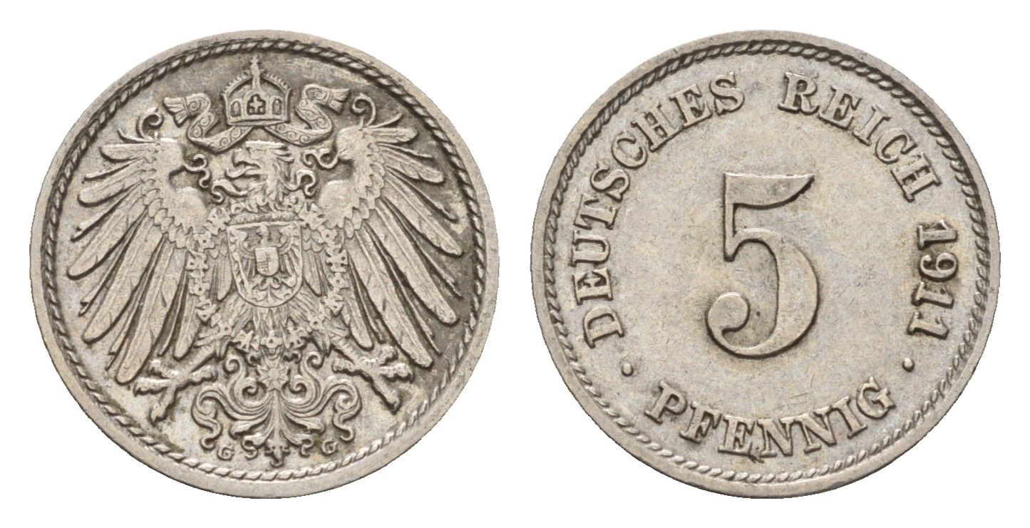 Германия 5 пфеннигов 1911 G, Вильгельм II (1888-1918) KM 11, J. 12 медно-никель 4636-245