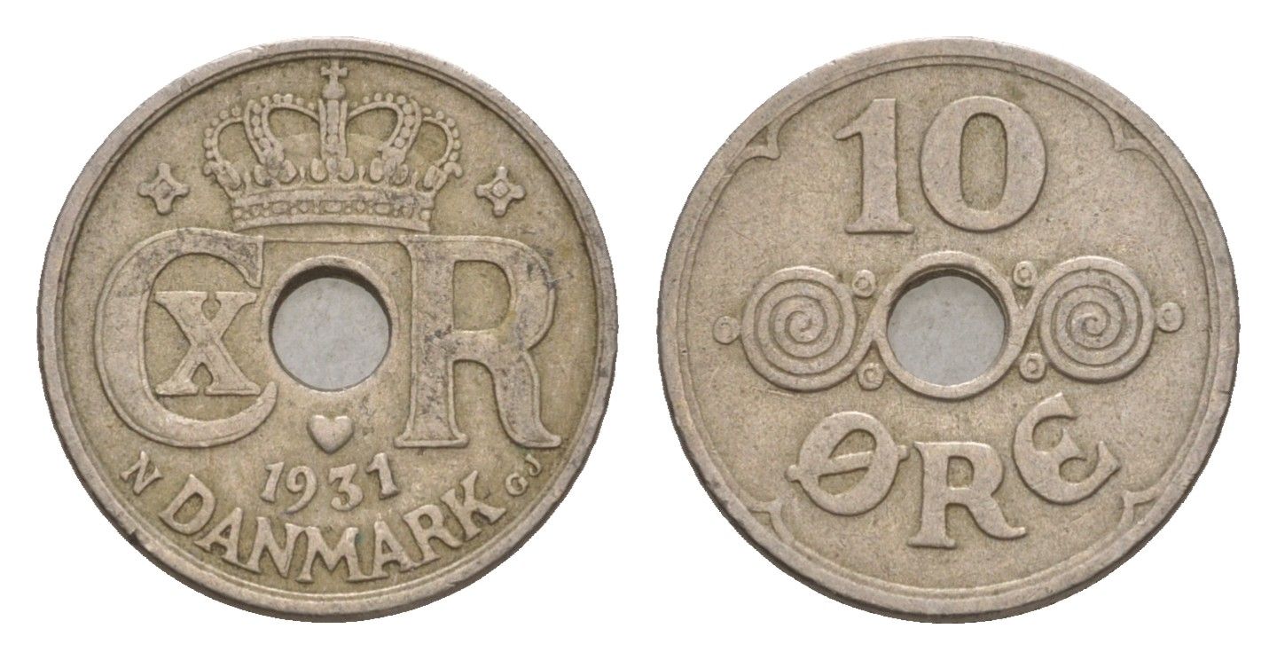 Дания 10 эре 1931 N, Кристиан X (1912-1947) KM 822 медно-никель 4658-269