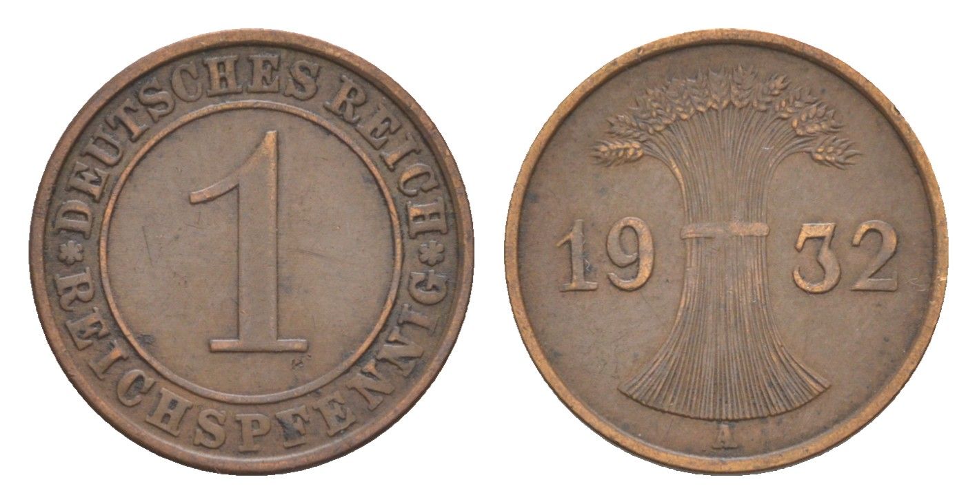 Германия 1 рейхспфенниг 1932 A KM 37, J. 313 бронза 4644-1045