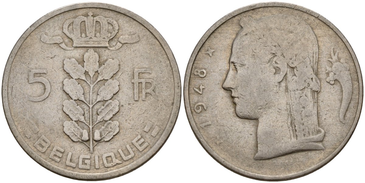 Бельгия 5 франков 1948 Belgique KM 134 медно-никель 4156-645