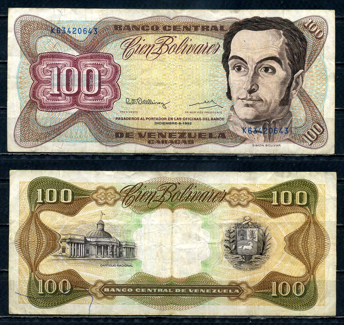 Венесуэла 100 боливаров 1992 серия K, 8 декабря 1992 Pick 66 e бумага 7183-9-1-1