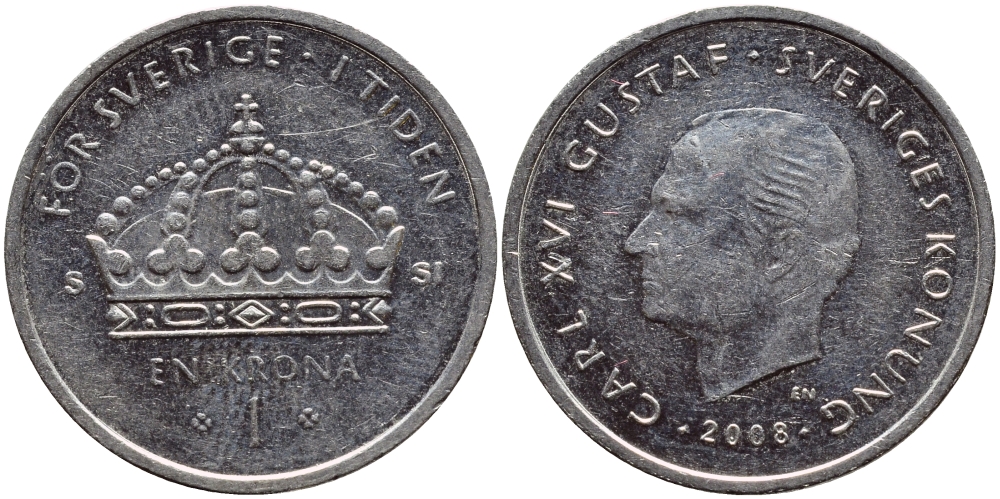 Швеция 1 крона 2008 Карл XVI Густав (1973- ) KM 894 медно-никель 85-511