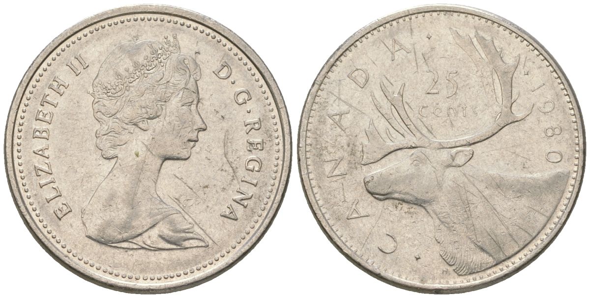 Канада 25 центов 1980 Елизавета II (1952-2022), олень KM 74 никель 4616-754